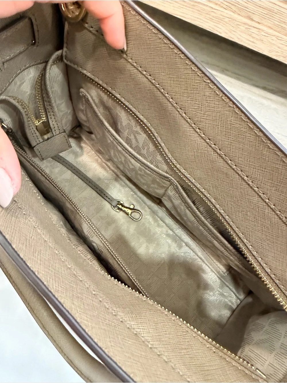 Michael Kors Taupe Saffiano Leather Satchel with Gold Hardware